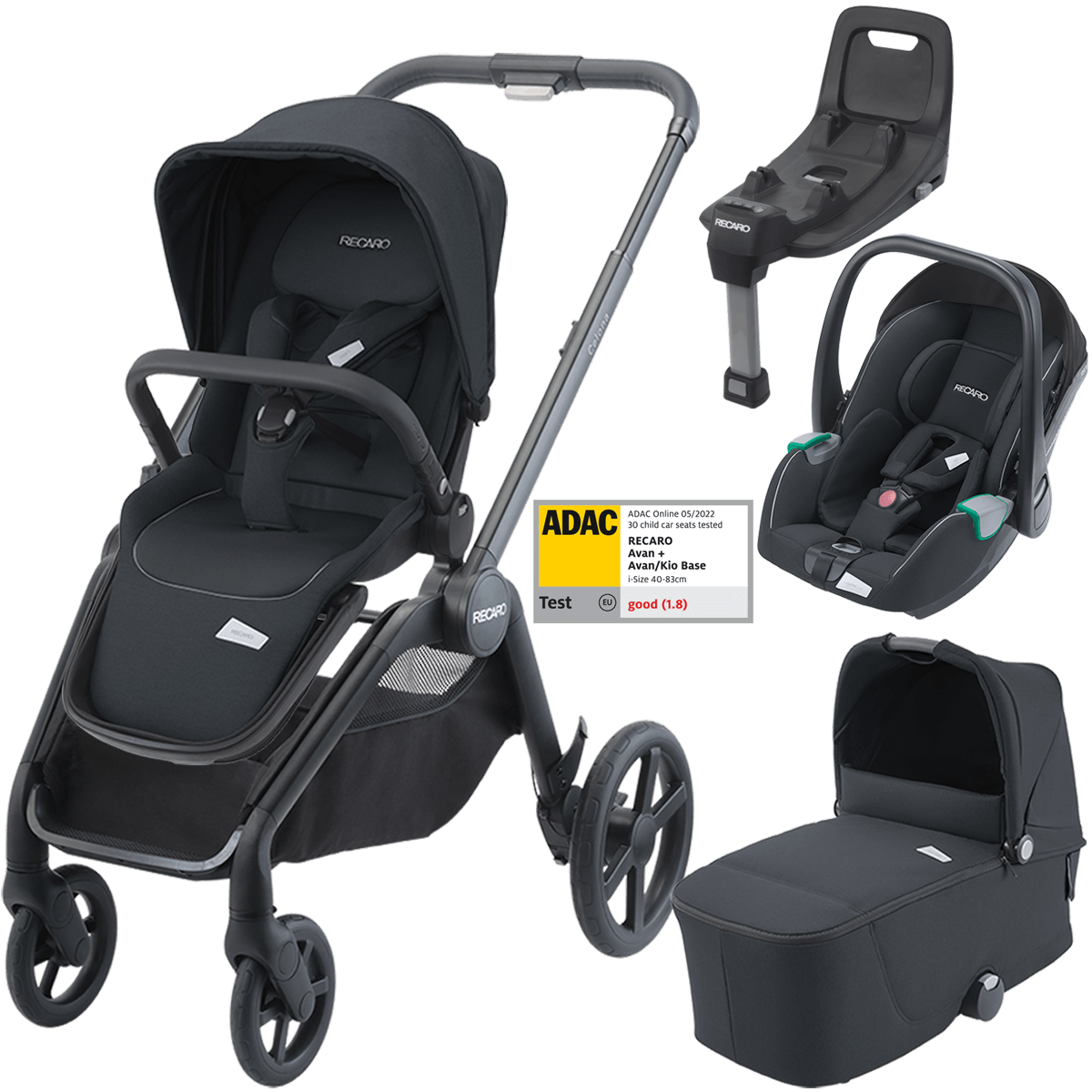 Dječja kolica 4u1 RECARO Celona + autosjedalica Avan + Isofix [Mat Black]