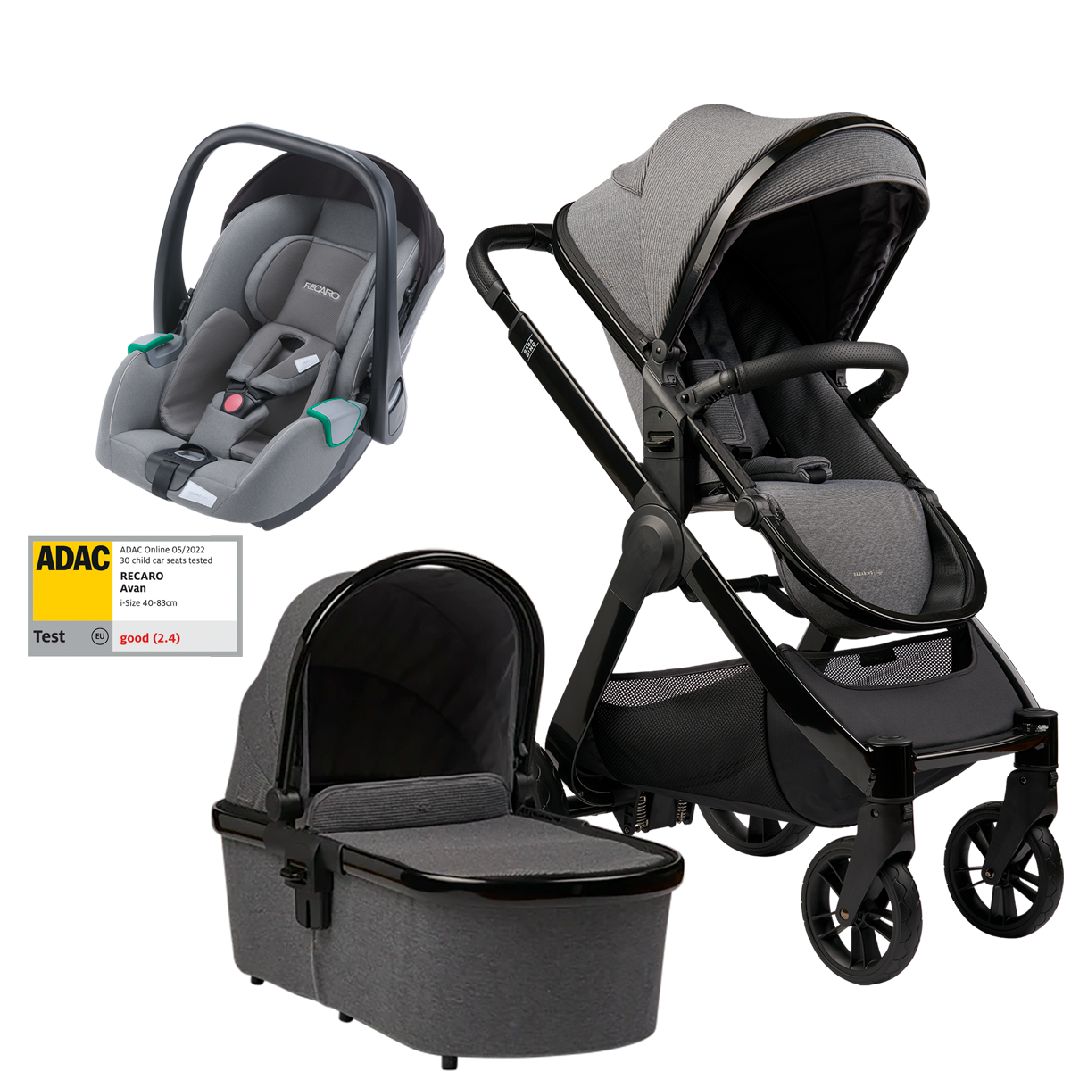 Dječja kolica 3u1 Bababing Raffi Anthra Grey + RECARO Avan