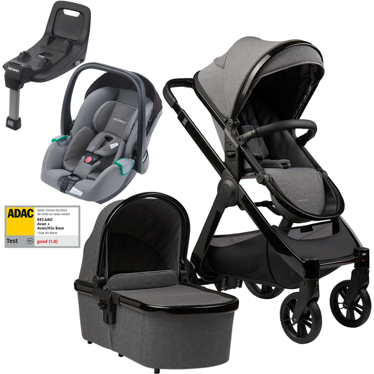 Dječja kolica 4u1 Bababing Raffi Anthra Grey + RECARO Avan + Isofix