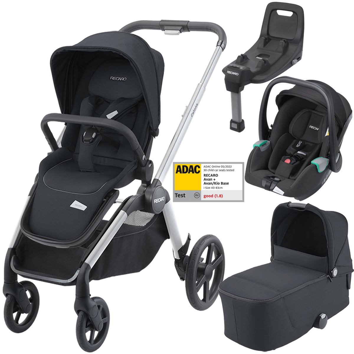 Dječja kolica 4u1 RECARO Celona + autosjedalica Avan + Isofix [Mat Black]