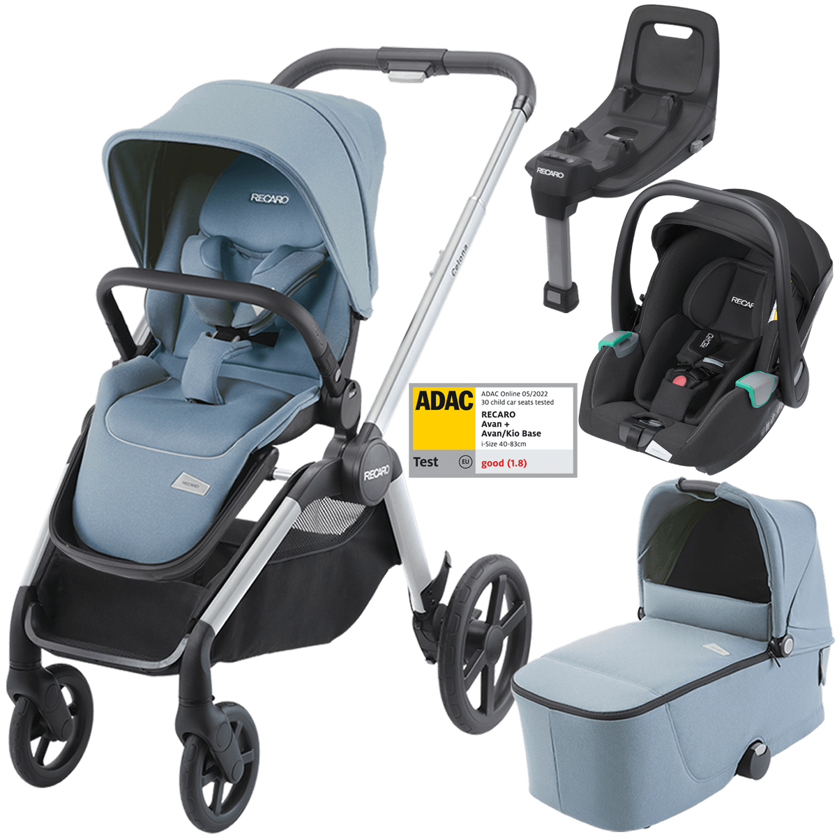 Dječja kolica 4u1 RECARO Celona + autosjedalica Avan + Isofix [Frozen Blue]