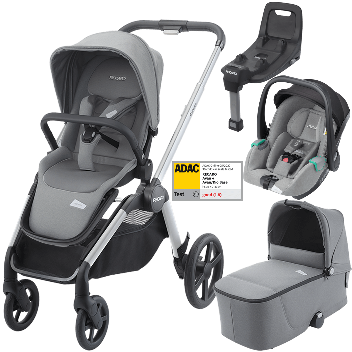 Dječja kolica 4u1 RECARO Celona + autosjedalica Avan + Isofix [Silent Grey]