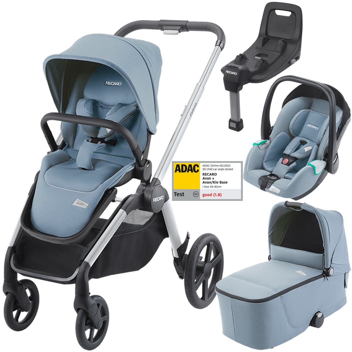 Dječja kolica 4u1 RECARO Celona + autosjedalica Avan + Isofix [Frozen Blue]