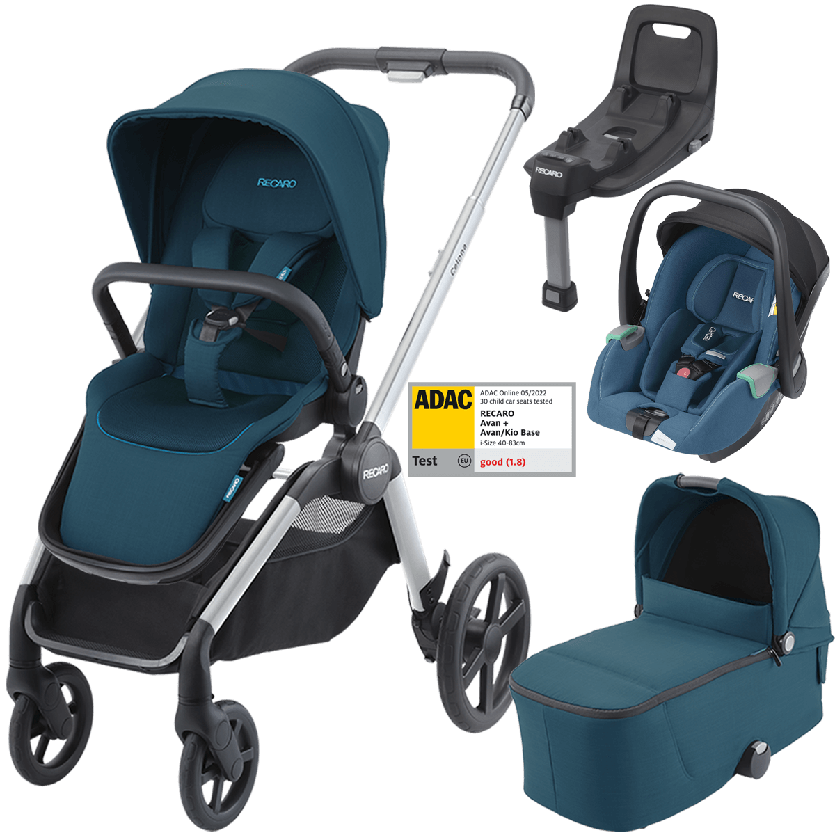 Dječja kolica 4u1 RECARO Celona + autosjedalica Avan + Isofix [Teal Green]