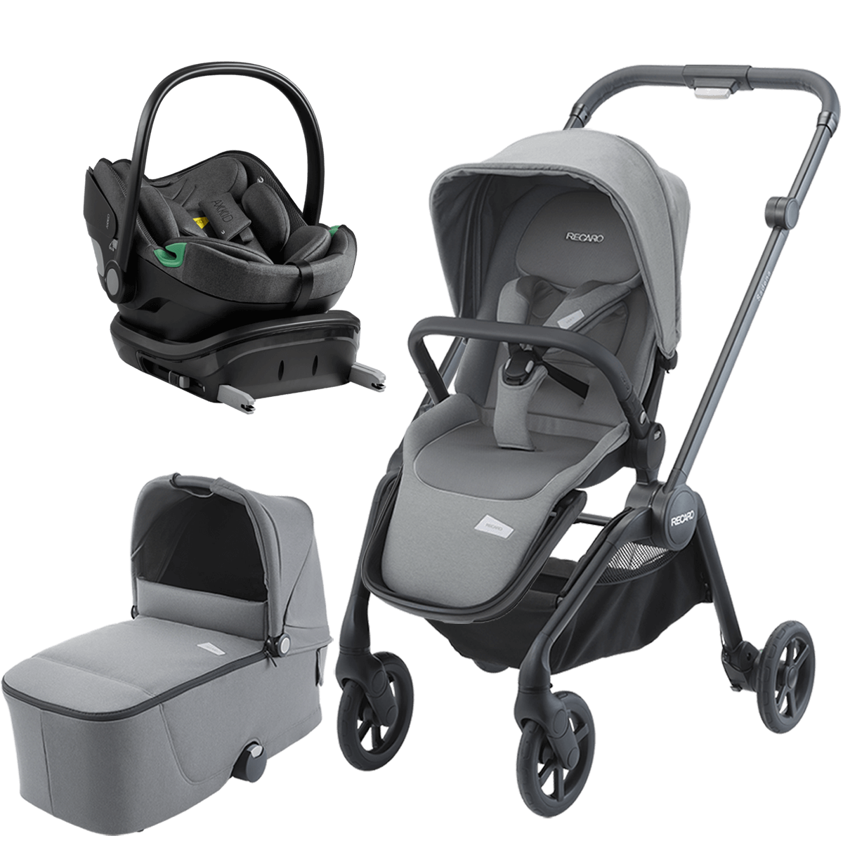 Dječja kolica 4u1 RECARO Sadena [Silent Grey] + autosjedalica “jaje“ AXKID + Isofix baza