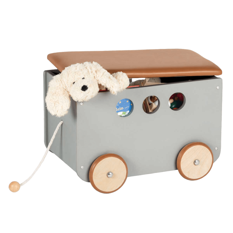 Drvena kutija za igračke na kotačima Pinolino Jim sivi